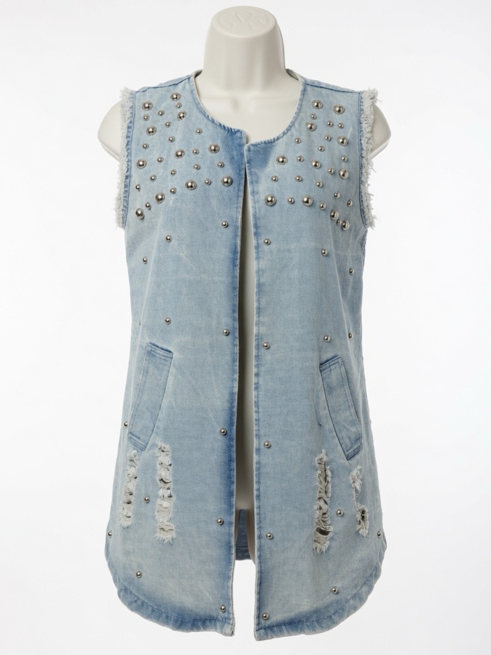 Banana USA Large Light Wash Distressed Studded Denim Vest Jacket Boho Western